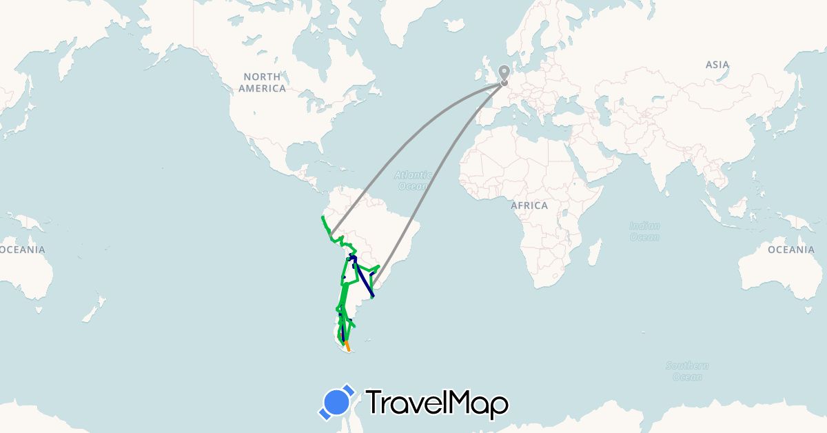 TravelMap itinerary: driving, bus, plane, cycling, hiking, boat, hitchhiking in Argentina, Belgium, Bolivia, Brazil, Chile, Peru (Europe, South America)