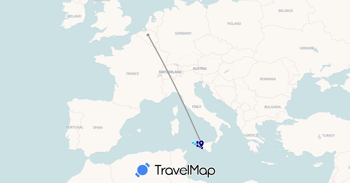 TravelMap itinerary: driving, plane, boat in Belgium, Italy (Europe)